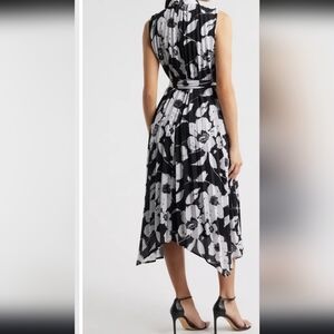 Tahari ASL Black and White Floral Pleated Midi Dress with Tie